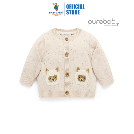 Purebaby Organic Llama Fiesta Friends Cardigan - Sand Neppy Print