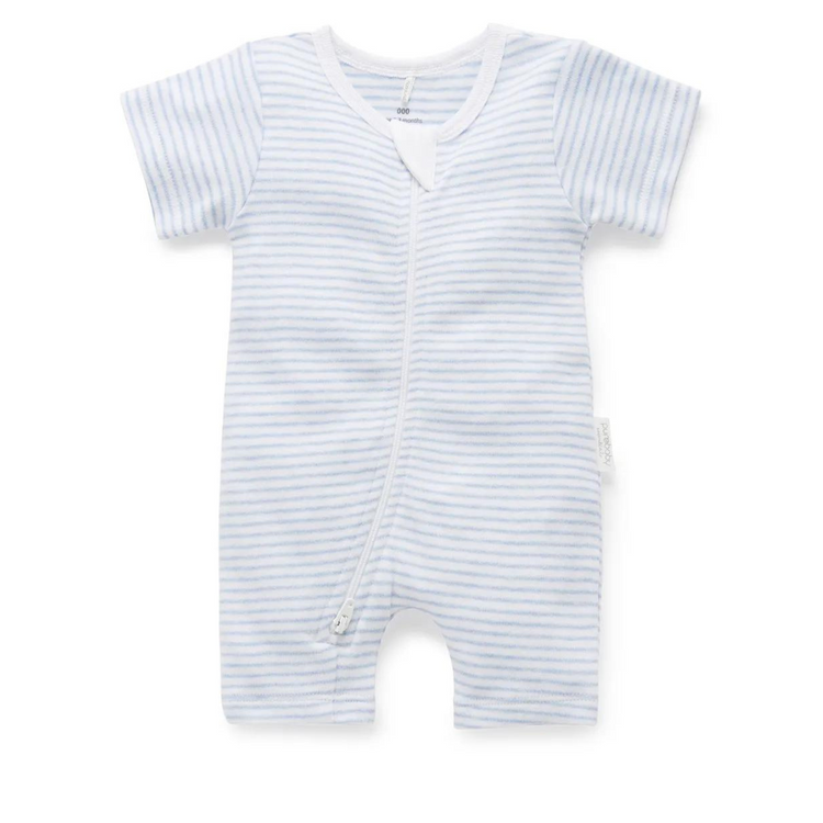 Purebaby Organic Short Leg Zip Growsuit Unisex - Pale Blue Melange Stripe