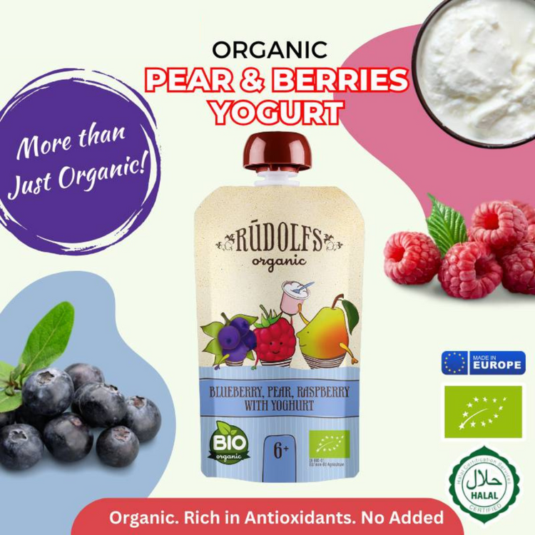 Rudolfs Organic Blueberry, Pear, Raspberry With Yogurt 110g (6m+)