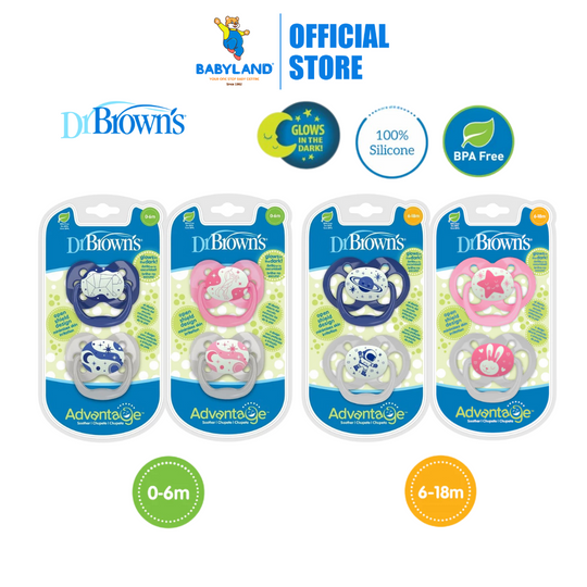 Dr Brown's Advantage Pacifiers Glow In The Dark (2pcs) Stage 1 (0-6m)/Stage 2 (6-18m)