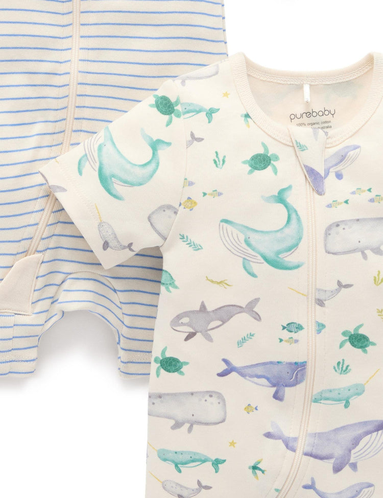 Purebaby Whale 2 Pack Short Zip Growsuit