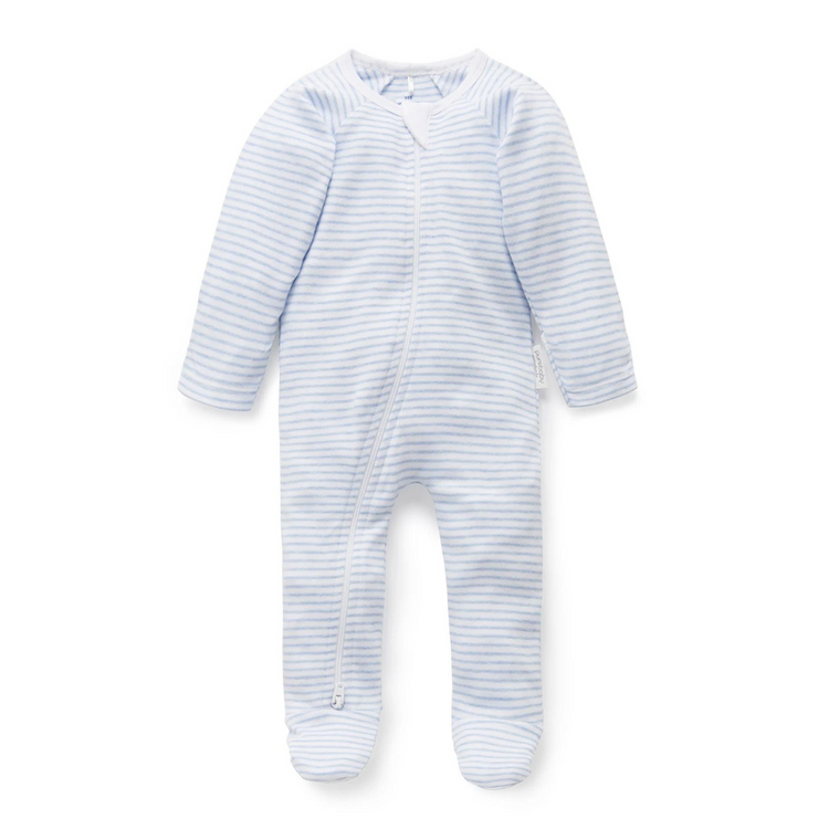 Purebaby Organic Zip Growsuit - Pale Blue Melange Stripe