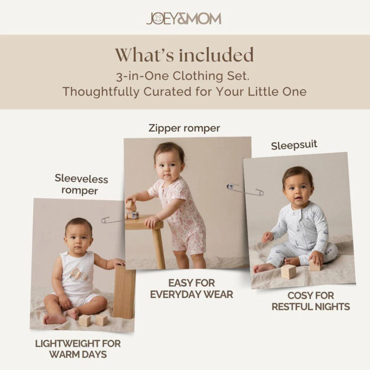 Joey&Mom Baby Clothing Bundle (3-Piece Set) | Bamboo Cotton Sleepsuit + Rompers | Soft Breathable Cooling | Eczema Safe
