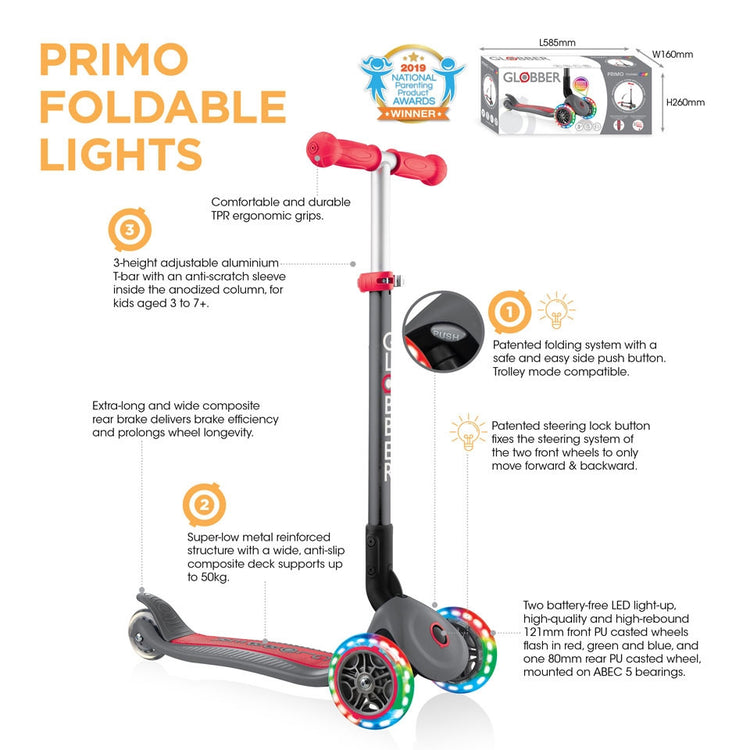 Globber Primo Foldable Lights Scooter with Anodized T Bar Grey/Red - 432-120-2 (3y+)