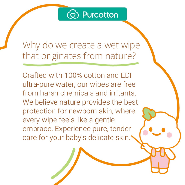 Purcotton Cotton Baby Wet Wipes 80 sheet (20x15cm)