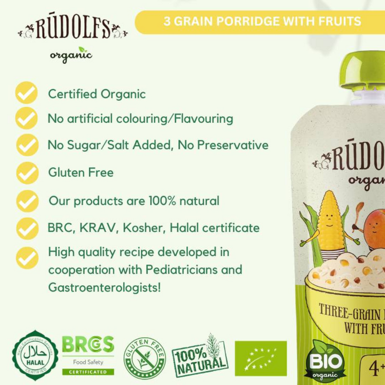 Rudolfs Organic 3 Grain Porridge With Fruits 110g (6m+)