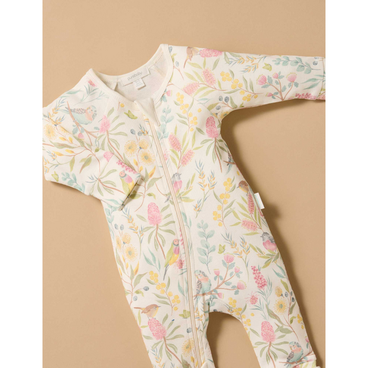 Purebaby Organic Aviary Garden Zip Growsuit & Reversible Bib