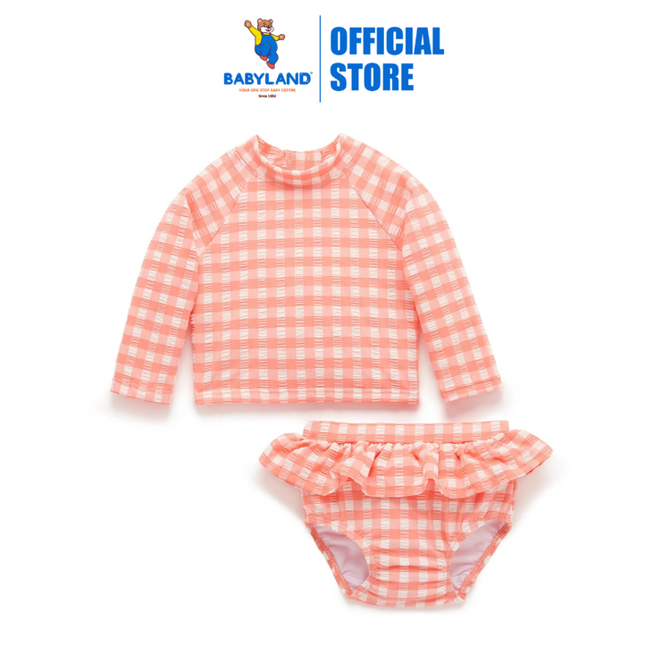 Purebaby Organic Long Sleeve Rashie Set (Swimwear) - Coral Gingham