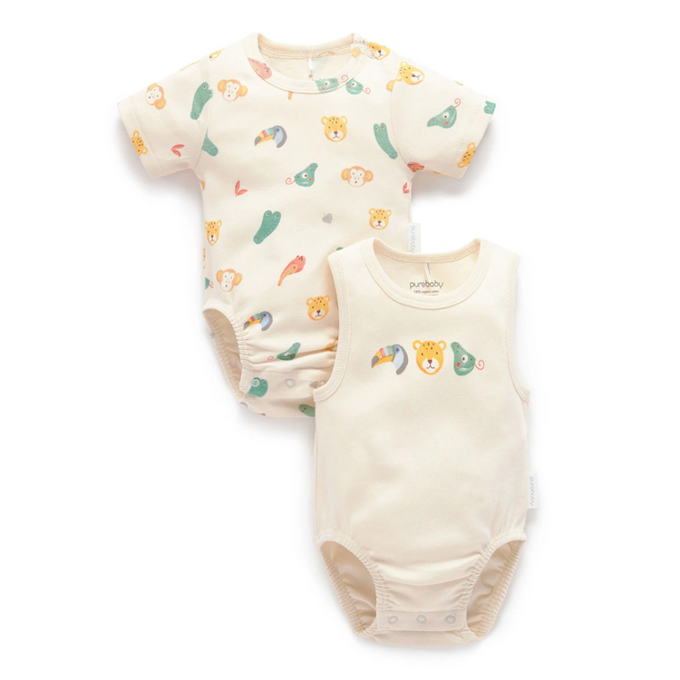 Purebaby Organic 2 Pack Short Sleeve Ribbed Bodysuit - Fiesta Heads