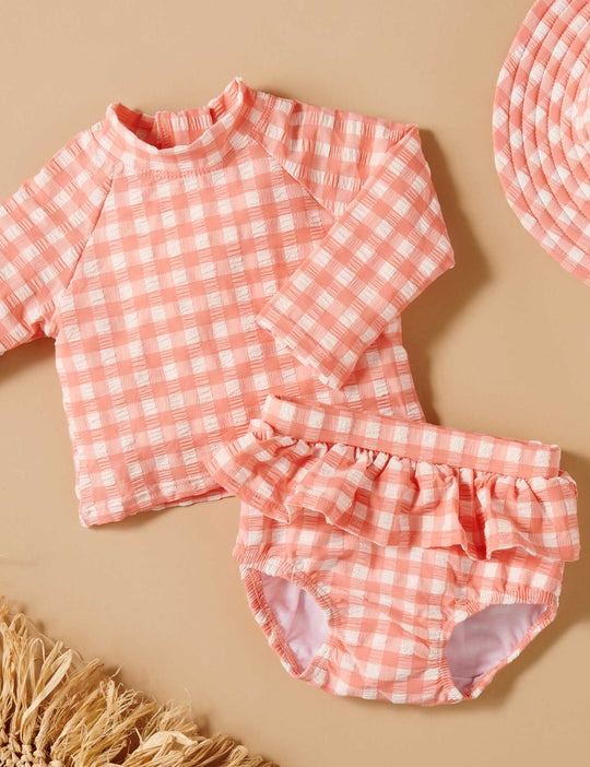 Purebaby Organic Long Sleeve Rashie Set (Swimwear) - Coral Gingham