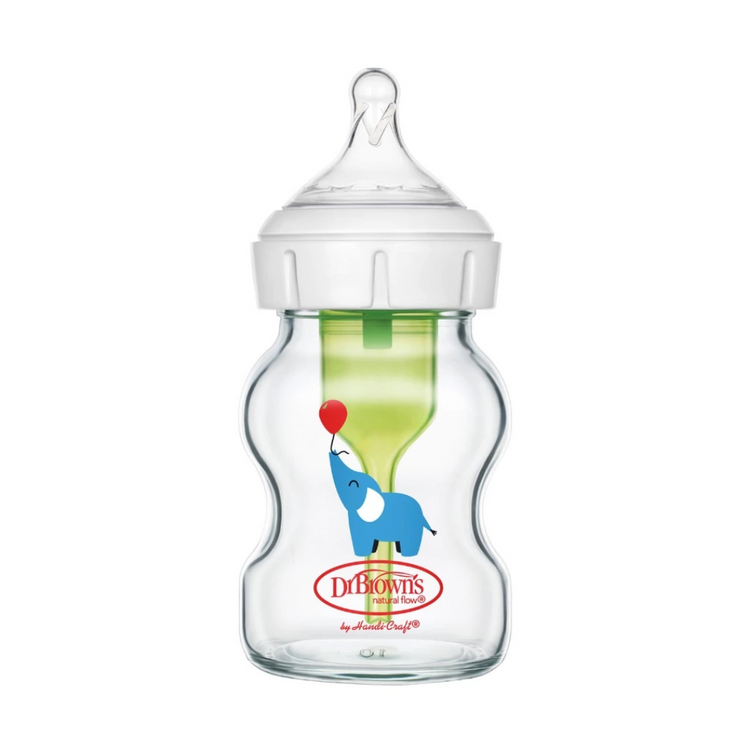 Dr Brown’s Options+ Glass Wide-Neck Bottle with Level 1 Teat (150mL) - Elephant