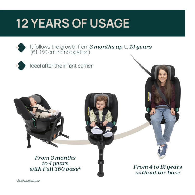 Chicco Fullseat 360 i-Size R129/03 Standard Car Seat with Base - Black Satin | Bamboo Fabric