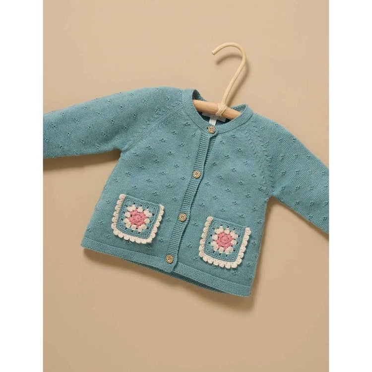 Purebaby Organic Duck Egg Melange Print Crochet Pocket Cardigan