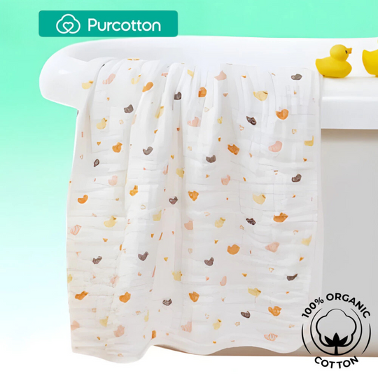 Purcotton Baby Airysoft Gauze Bath Towel 6 Layer Stitched 95cm x 95cm Yellow Duckling