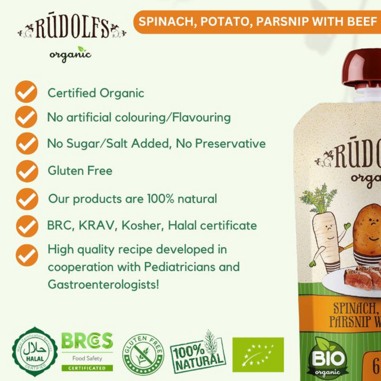 Rudolfs Organic Spinach, Potato, Parsnip With Beef 110g (6m+)