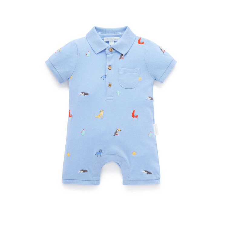 Purebaby Organic Animal Fiesta Broderie Polo Growsuit