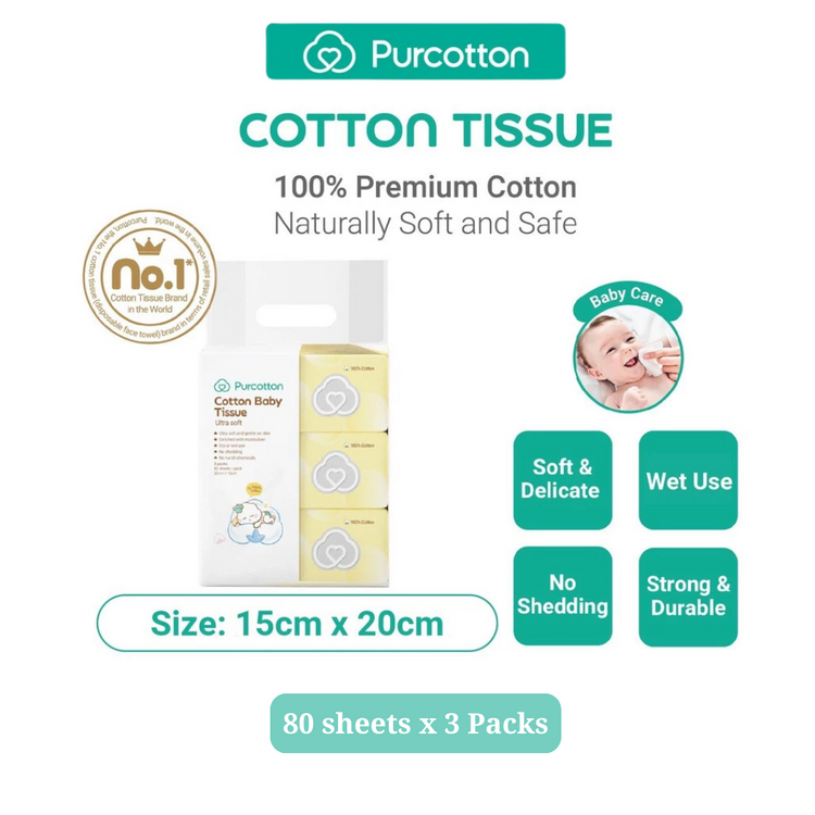 Purcotton 100% Cotton Baby Tissue Ultra Soft 3 Packs (15x20cm 80's)