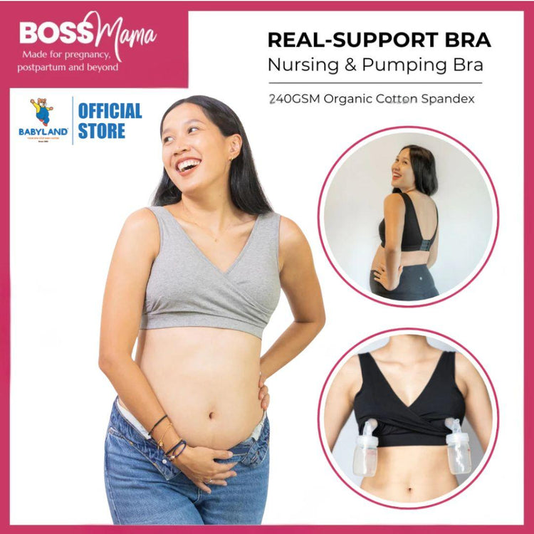 Boss Mama Real-Support Bra - Grey | Pregnancy, Nursing and Pumping Bra -Friendly Wireless Soft Thick Band Flexible