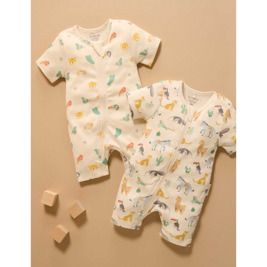 Purebaby Organic 2 Pack Short Sleeve Digital Growsuit - Fiesta Heads
