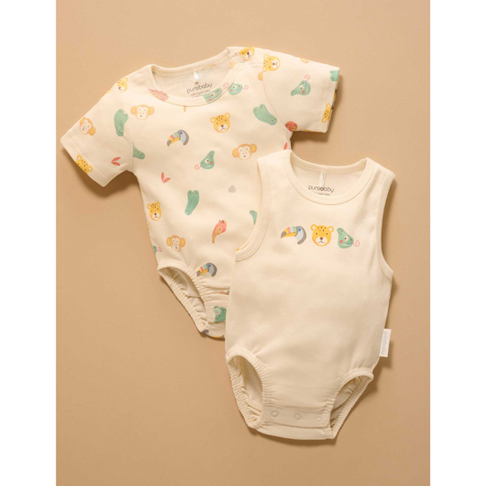 Purebaby Organic 2 Pack Short Sleeve Ribbed Bodysuit - Fiesta Heads