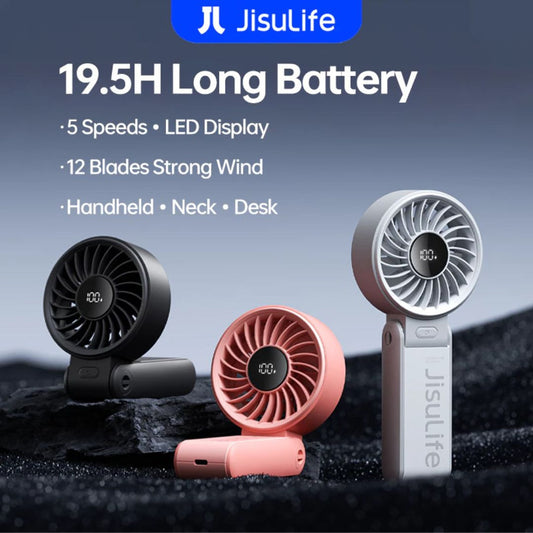 JisuLife Handheld Fan Life7 3-in-1 Portable Mini Fan | 19.5H | Foldable | LED Display | 5 Gears | Desktop | Neck-Hanging