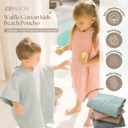 Joey & Mom Kids Hooded Poncho Towel | Soft Waffle Cotton Bath Towel, Pool Towel & Beach Towel for Toddlers