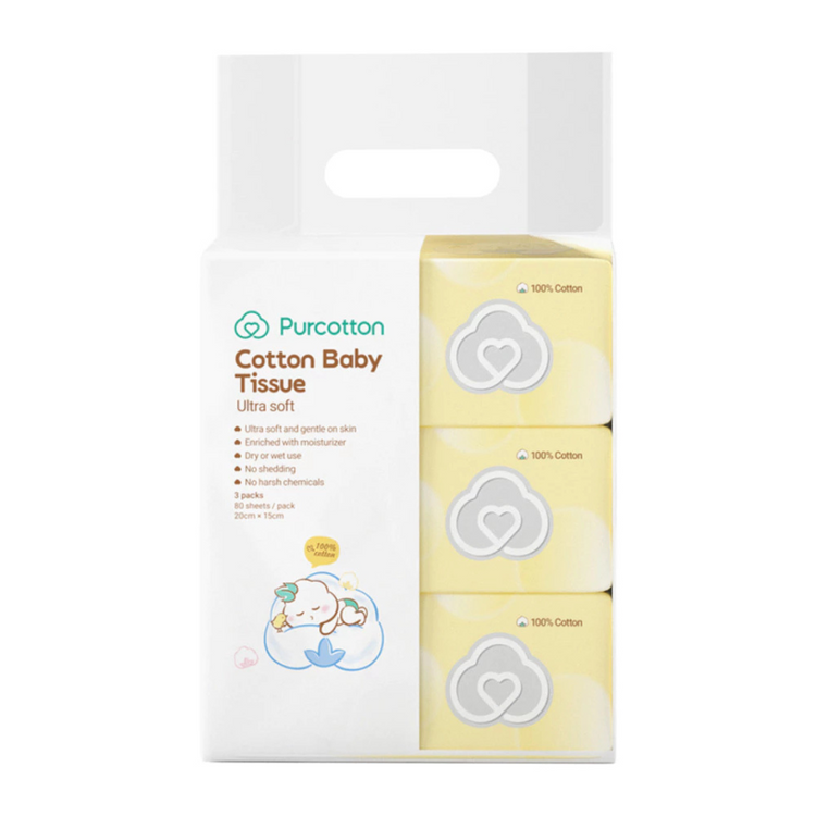 Purcotton 100% Cotton Baby Tissue Ultra Soft 3 Packs (15x20cm 80's)