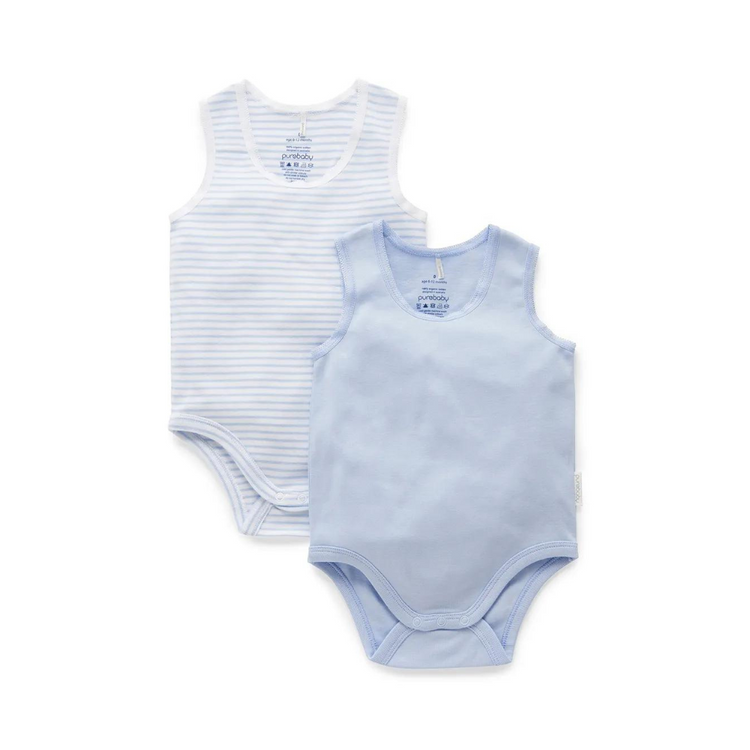 Purebaby 2 Pack Organic RIB  Singlet Bodysuit - Pale Blue Pack