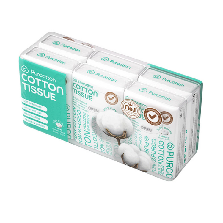 Purcotton 100% Cotton Tissue Pocket 6 Packs 8 Sheets 21X21cm