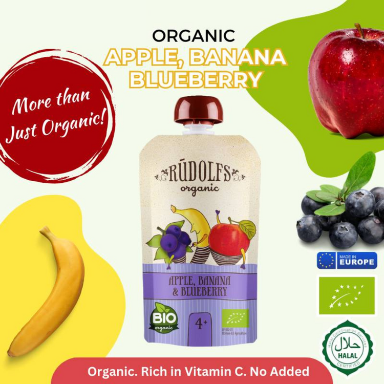 Rudolfs Organic Apple, Banana And Blueberry Puree 110g (6m+)