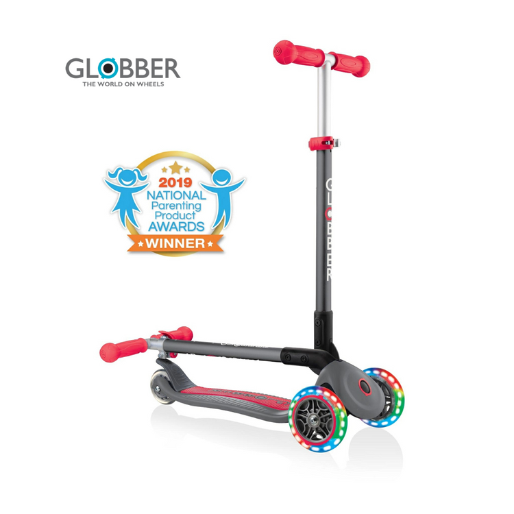 Globber Primo Foldable Lights Scooter with Anodized T Bar Grey/Red - 432-120-2 (3y+)