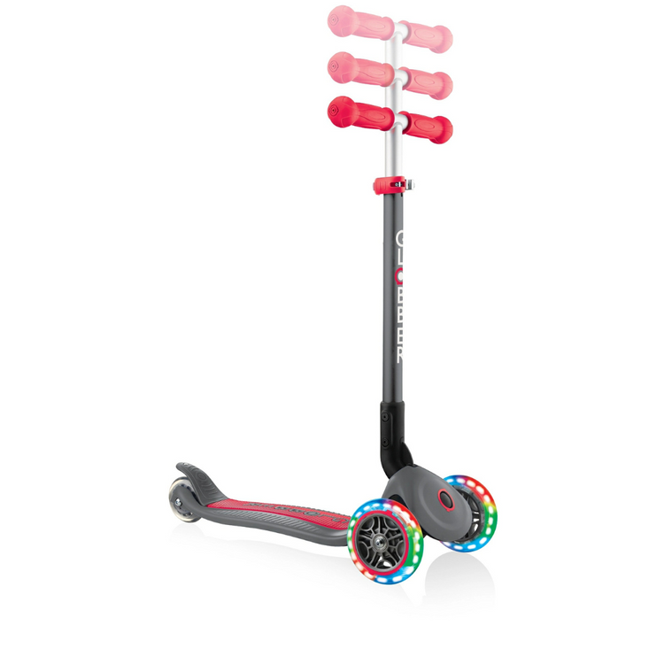 Globber Primo Foldable Lights Scooter with Anodized T Bar Grey/Red - 432-120-2 (3y+)