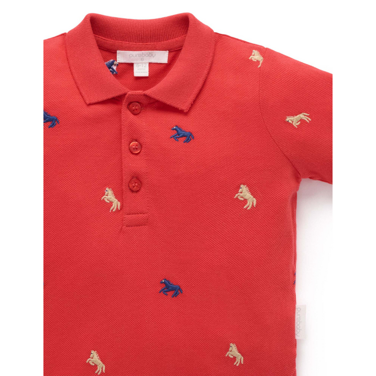 Purebaby Organic Horse Polo Shirt - Horse Broderie Print