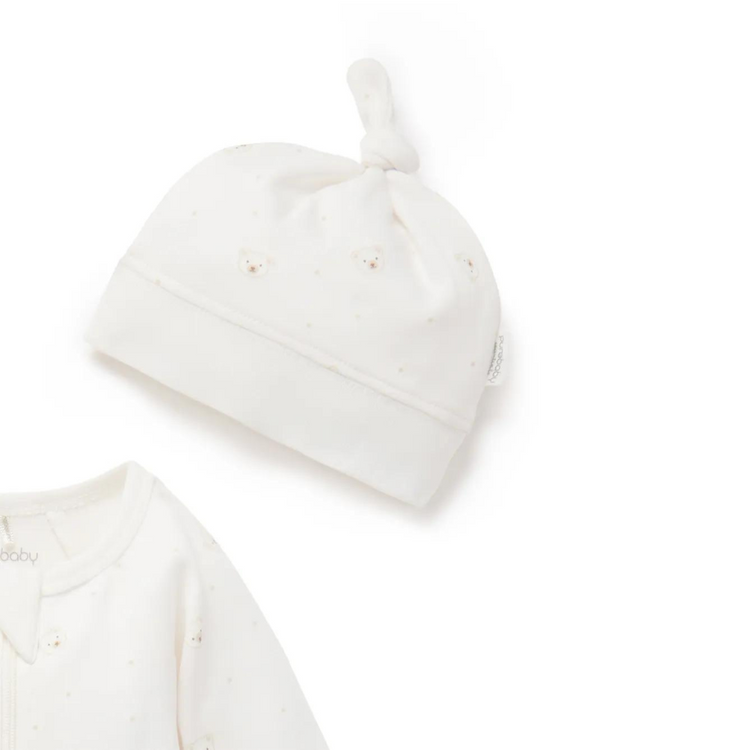 Purebaby Organic Zip Growsuit & Hat Pack - Vanilla Bear