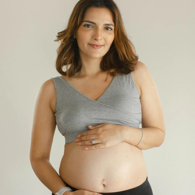 Boss Mama Real-Support Bra - Grey | Pregnancy, Nursing and Pumping Bra -Friendly Wireless Soft Thick Band Flexible