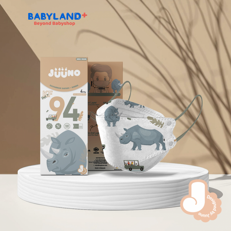 Juuno Kids Mask KF94 Safari Rhino 10'S - Brown | Protective 4Layer Protective >98% 3D Mask