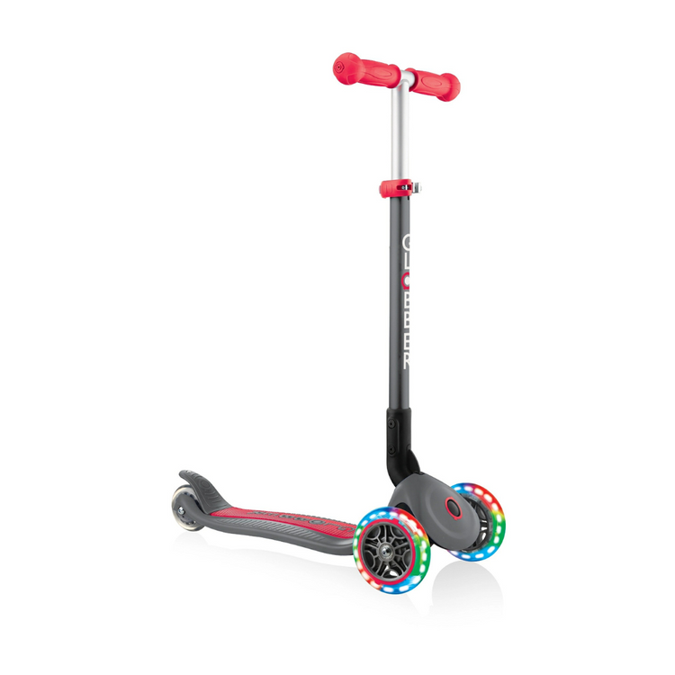 Globber Primo Foldable Lights Scooter with Anodized T Bar Grey/Red - 432-120-2 (3y+)