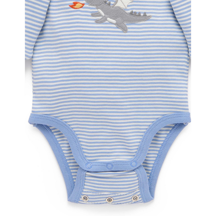 Purebaby Organic Dragon Applique Bodysuit - Pond Mini Stripe Print