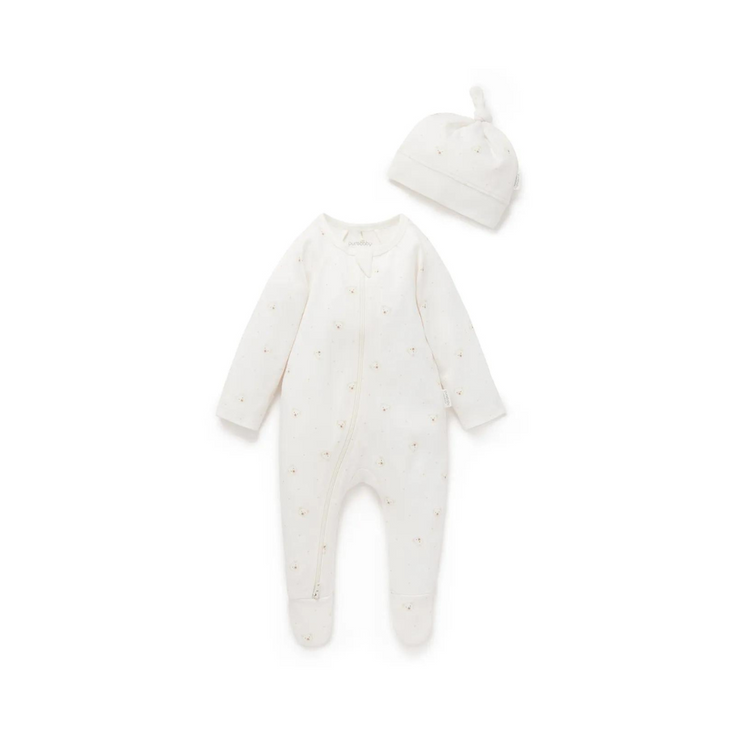 Purebaby Organic Zip Growsuit & Hat Pack - Vanilla Bear