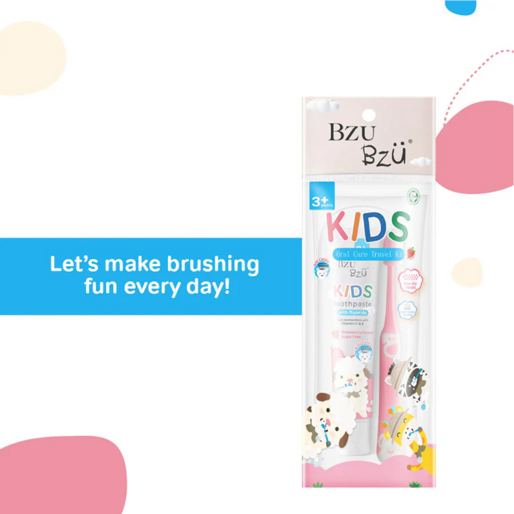 BZU BZU Kids Oral Care Travel Kit 3+ Years (Strawberry Toothpaste + Pink Toothbrush)