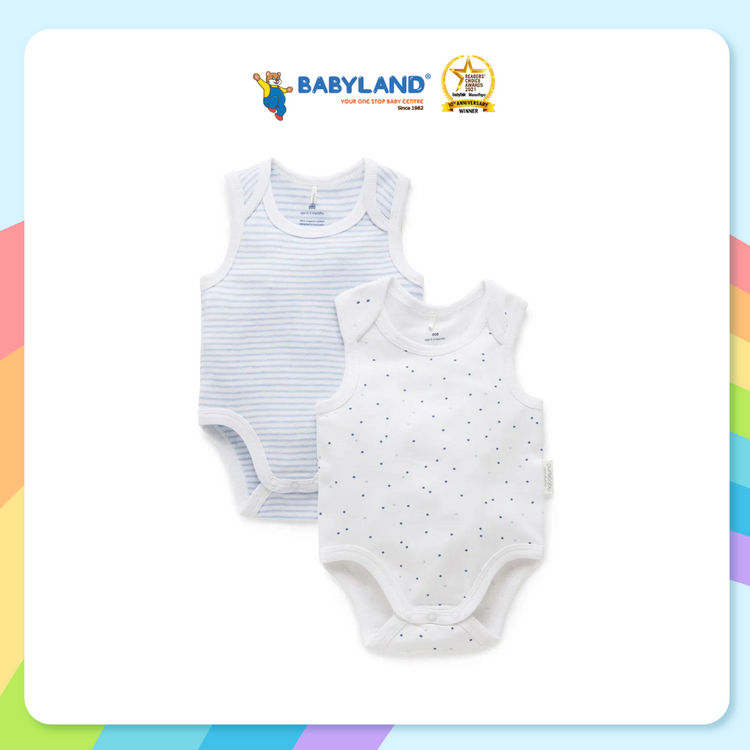 Purebaby 2 Pack Organic Singlet Bodysuit - Pale Blue Pack (Stripe / Polka Dot)