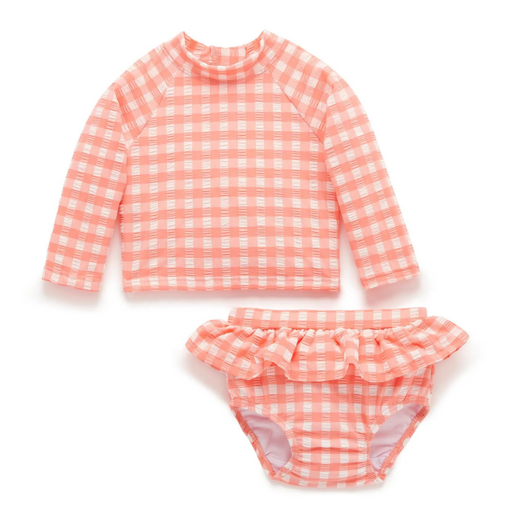 Purebaby Organic Long Sleeve Rashie Set (Swimwear) - Coral Gingham