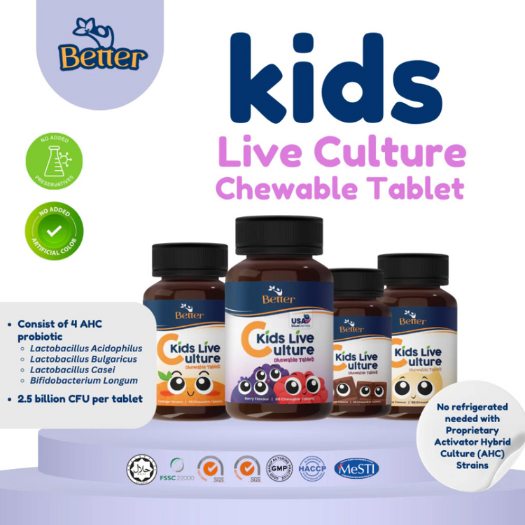 (HALAL) Better Kids Live Culture Chewable Tablet 60’s. Probiotic – 100% Natural Colours and No Preservatives