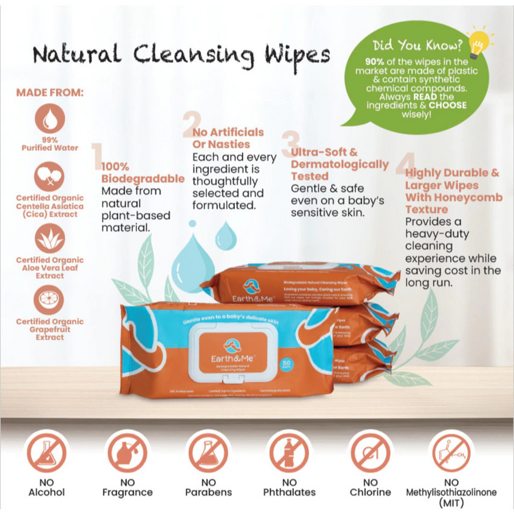 Earth & Me Biodegradable Natural Cleansing Wipes 50'S (99% Water)