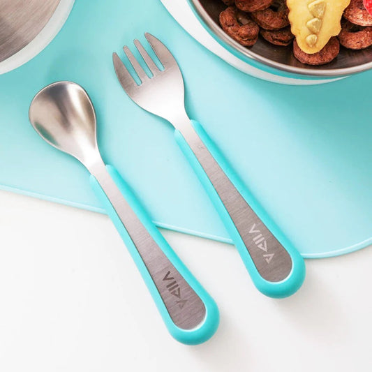 Viida Souffle Antibaterial Stainless Steel Fork & Spoon (S) - Baby Blue