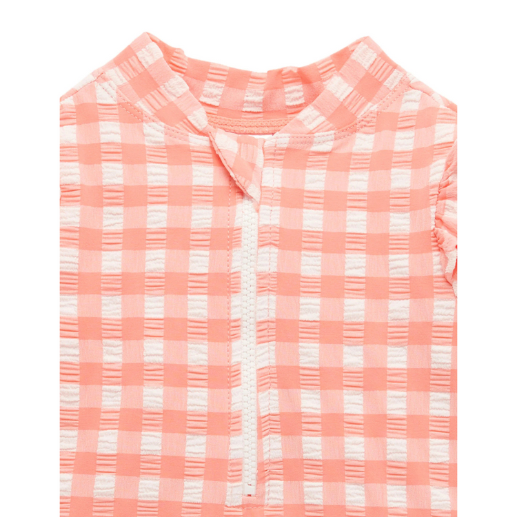 Purebaby Organic Baby Kids Frilly Long Sleeve Swimsuit Coral Gingham