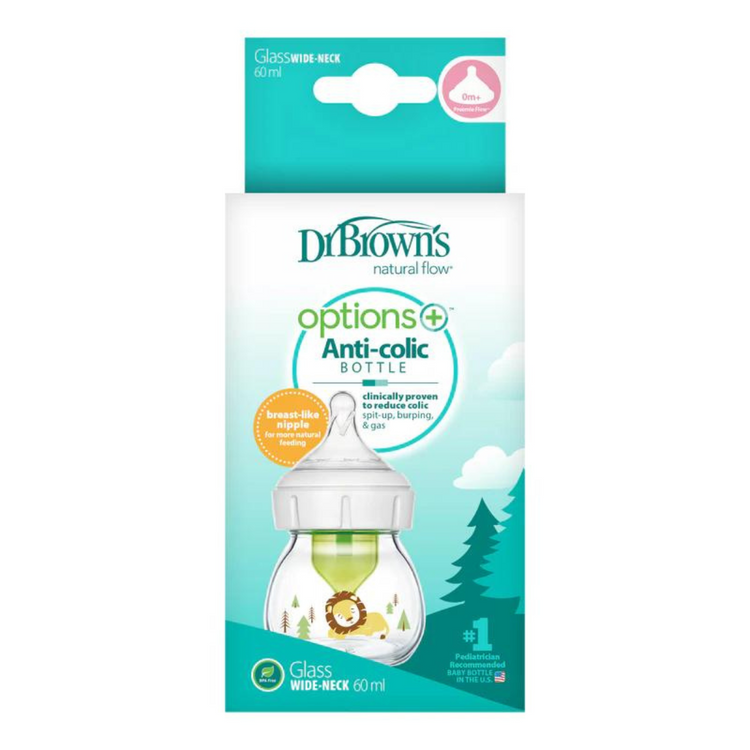 Dr Brown’s Options+ Glass Wide-Neck Bottle with Level 1 Teat (60mL) - Lion