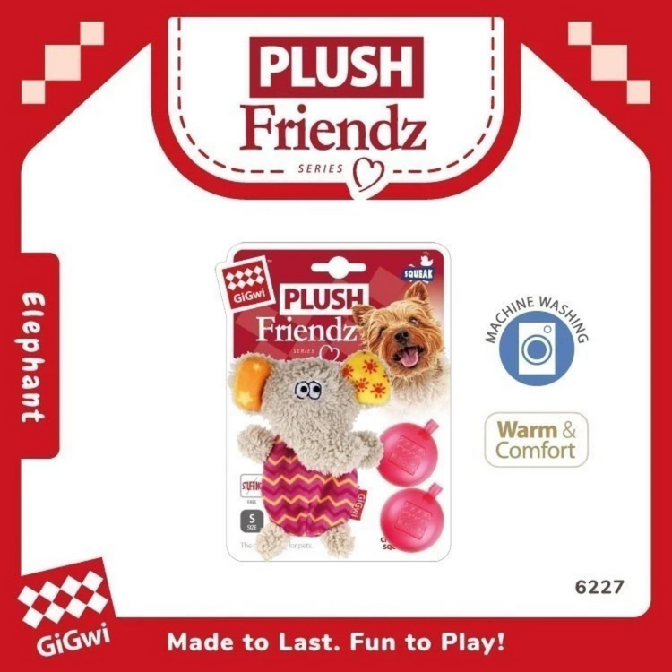 GiGwi Plush Friendz with Refillable Squeaker Dog Toy - Elephant