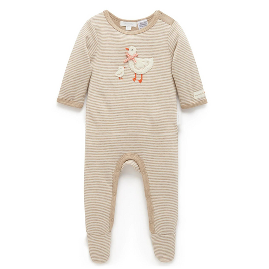 Purebaby Organic Duck Mini Stripe Growsuit - Biscuit Mini Stripe