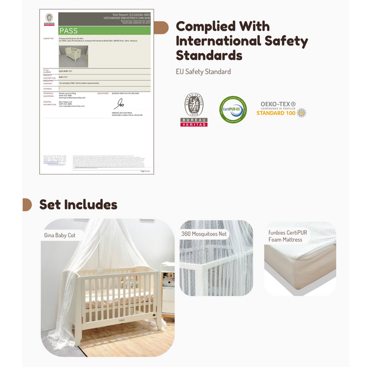 Funbies Gina Baby Cot Set (Beige) (60 x 120cm) | 3in1 Baby Cot